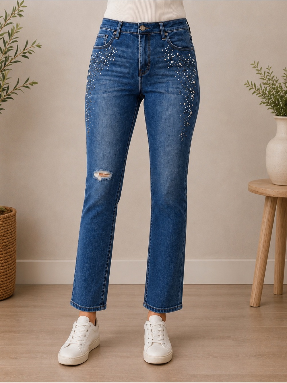 Chico's Blue Ankle-Length Jeans with Rhinestone Detail